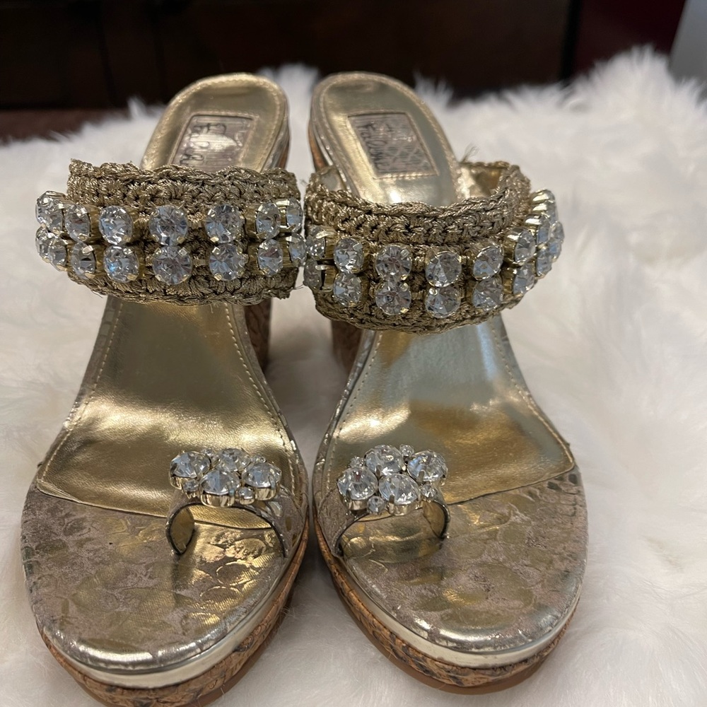 New, Falchi Chiara, women slip-on platform wedge with jeweled toe ring